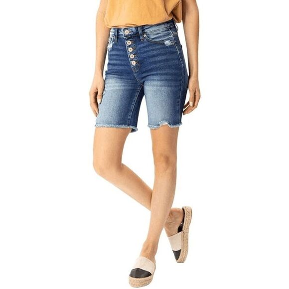 KanCan Women's Moss High Rise Button Fly Distressed Bermuda Shorts Small - Picture 8 of 12